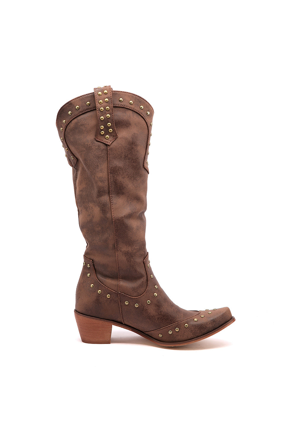 Brown Vegan Leather Studs Retro Women's Cowboy Boots Cool Cowgirl Booties