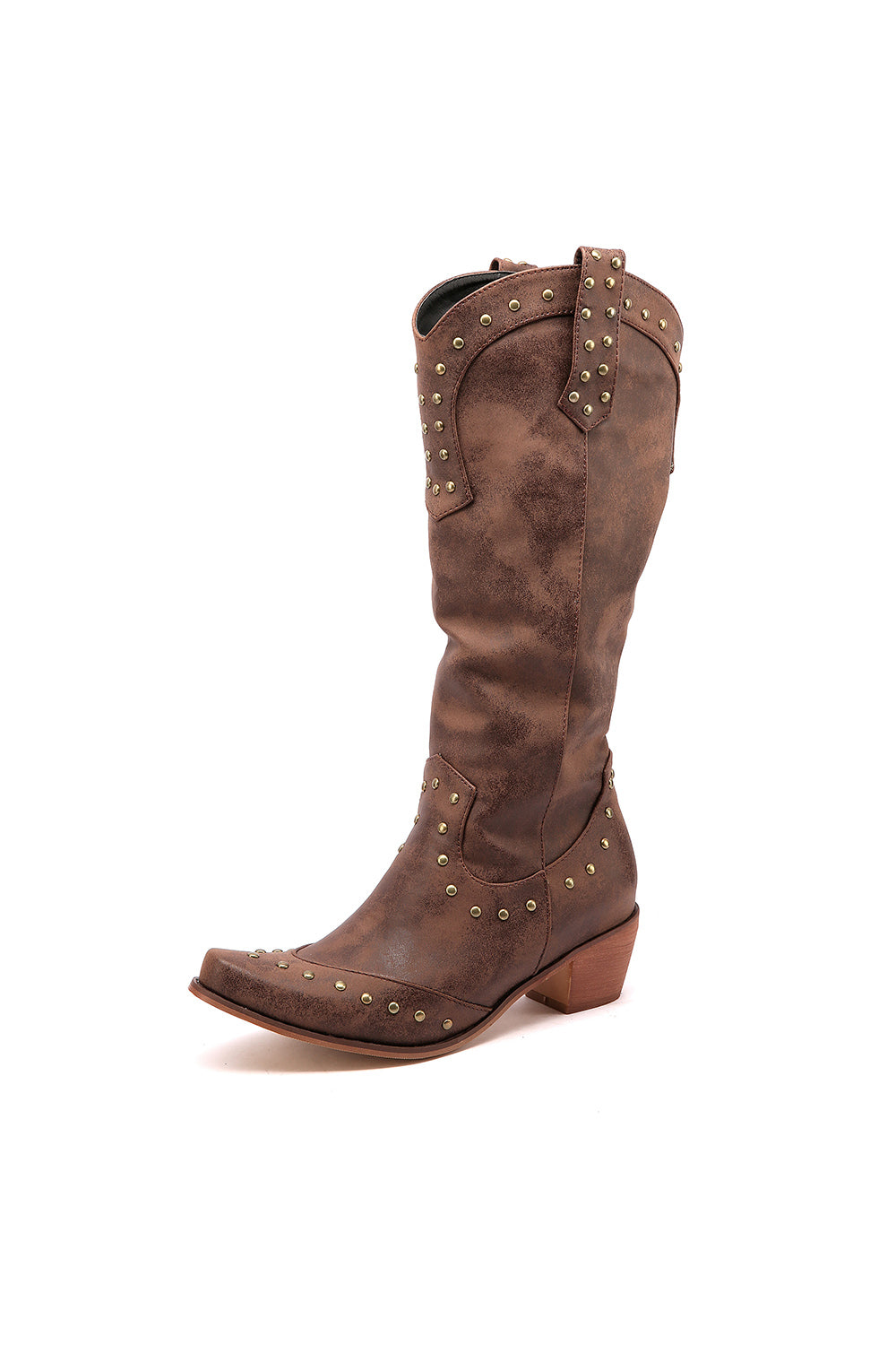 Brown Vegan Leather Studs Retro Women's Cowboy Boots Cool Cowgirl Booties