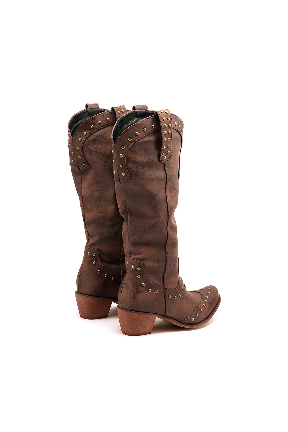 Brown Vegan Leather Studs Retro Women's Cowboy Boots Cool Cowgirl Booties