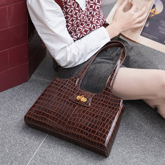 Brown Leather Retro Fashion Lizard Print Shoulder Bag