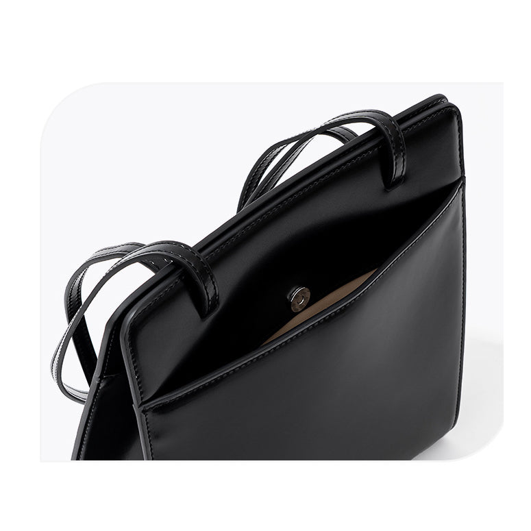 Black Leather Square Shoulder Office Chic Handbag