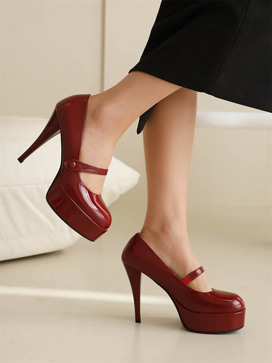 Burgundy Patent Leather Almond Toe Stiletto Heel Mary Jane Pumps