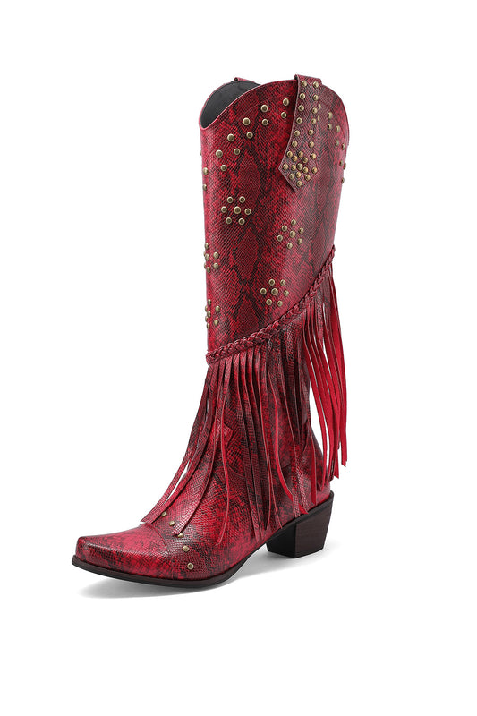 Burgundy Python Printed Fringe and Stud Women's Cowboy Western Booties