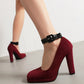 Burgundy Suede Chunky Heel Square Toe Ankle Strap Pumps