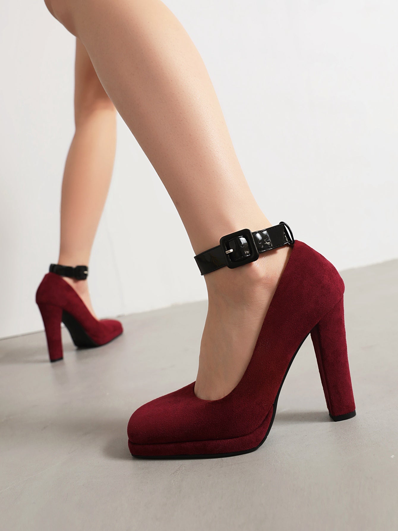 Burgundy Suede Chunky Heel Square Toe Ankle Strap Pumps