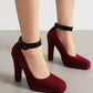 Burgundy Suede Chunky Heel Square Toe Ankle Strap Pumps