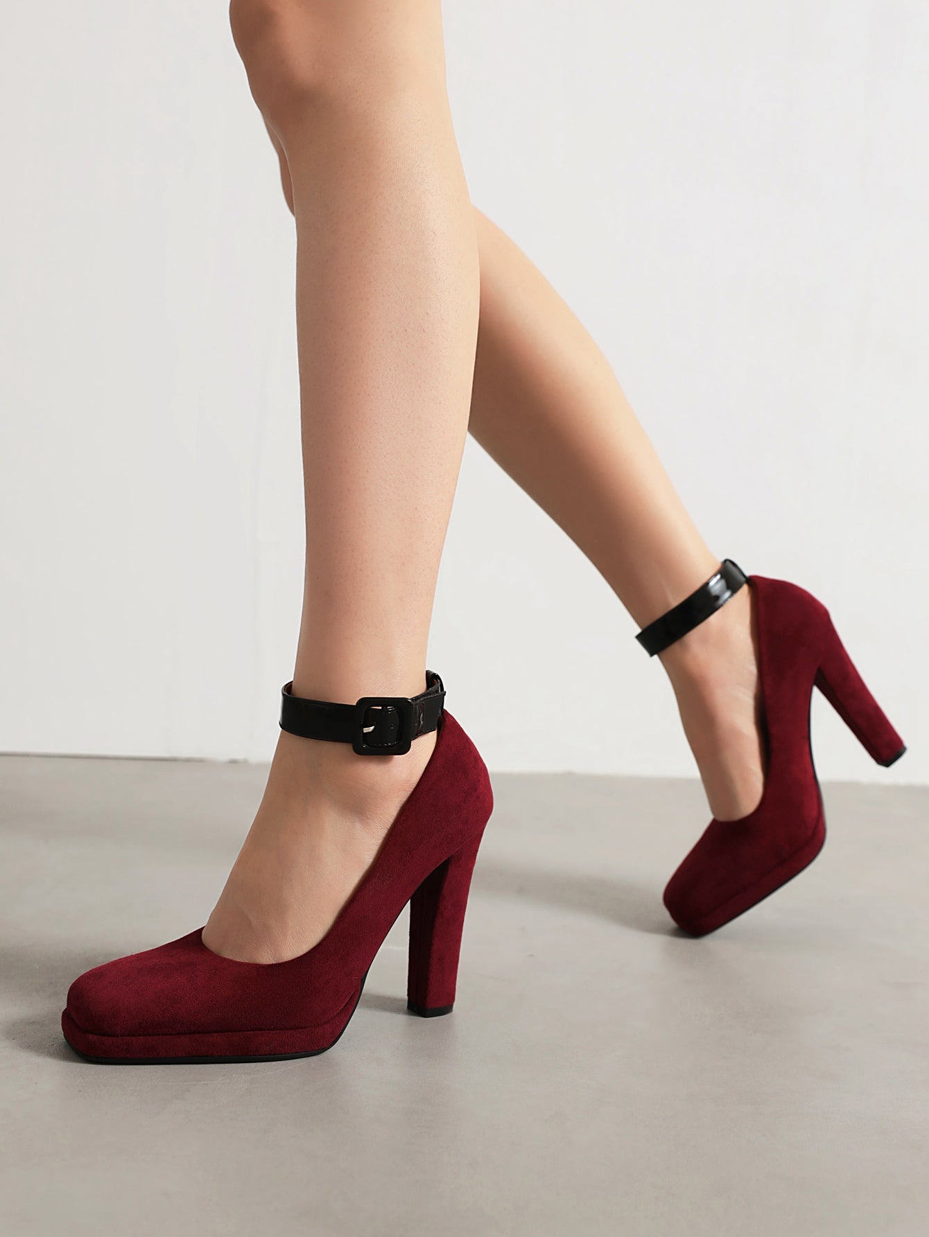 Burgundy Suede Chunky Heel Square Toe Ankle Strap Pumps