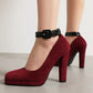 Burgundy Suede Chunky Heel Square Toe Ankle Strap Pumps