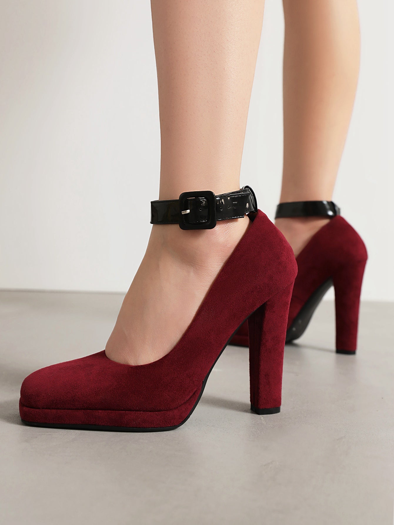 Burgundy Suede Chunky Heel Square Toe Ankle Strap Pumps