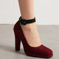 Burgundy Suede Chunky Heel Square Toe Ankle Strap Pumps