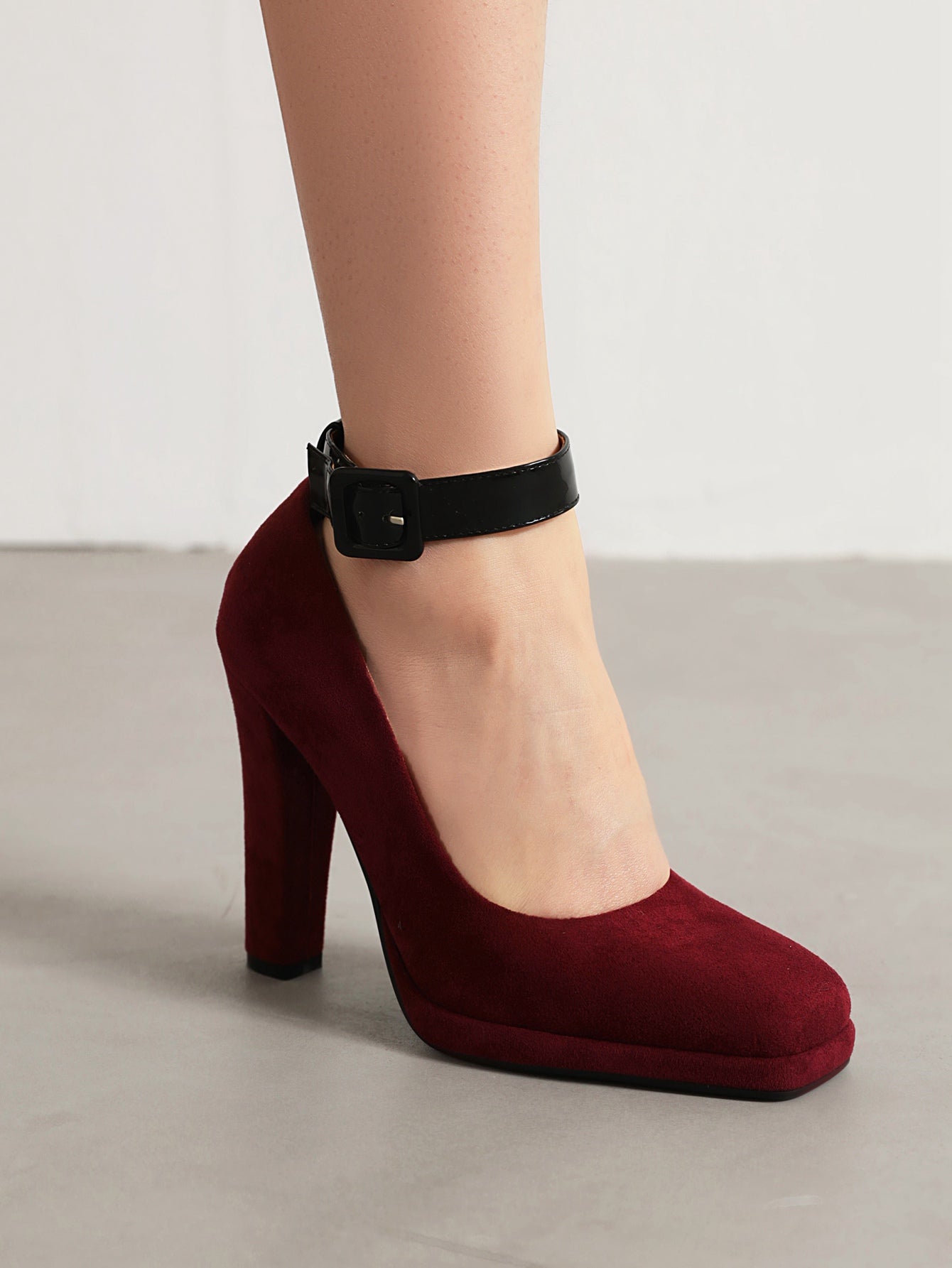 Burgundy Suede Chunky Heel Square Toe Ankle Strap Pumps