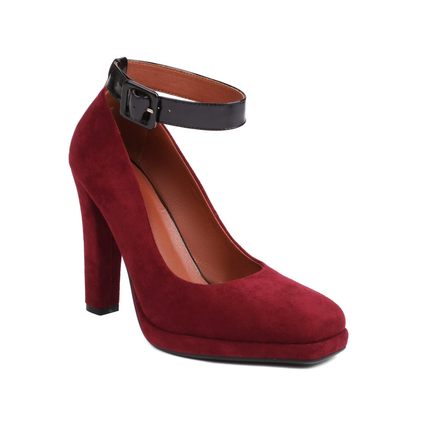 Burgundy Suede Chunky Heel Square Toe Ankle Strap Pumps