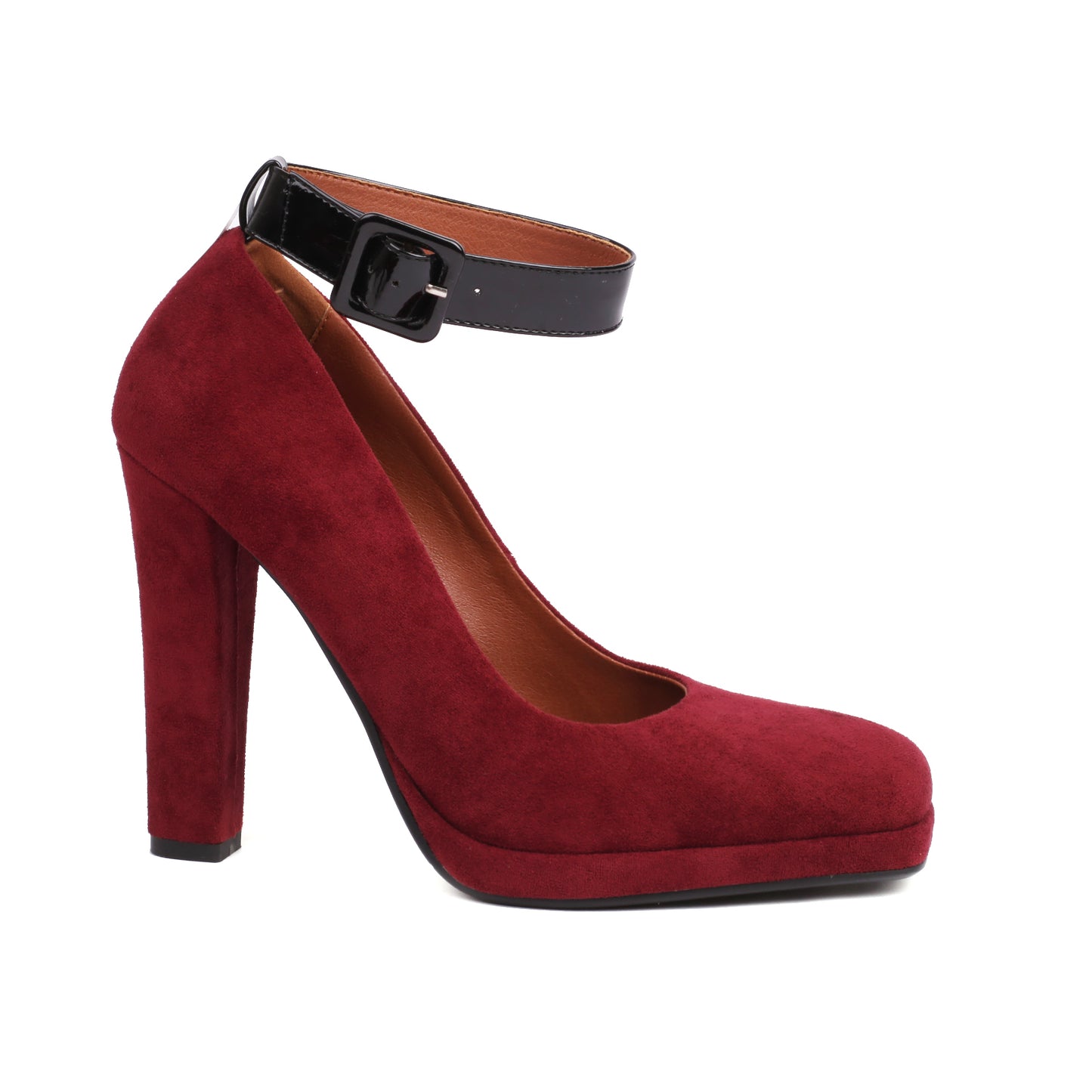 Burgundy Suede Chunky Heel Square Toe Ankle Strap Pumps