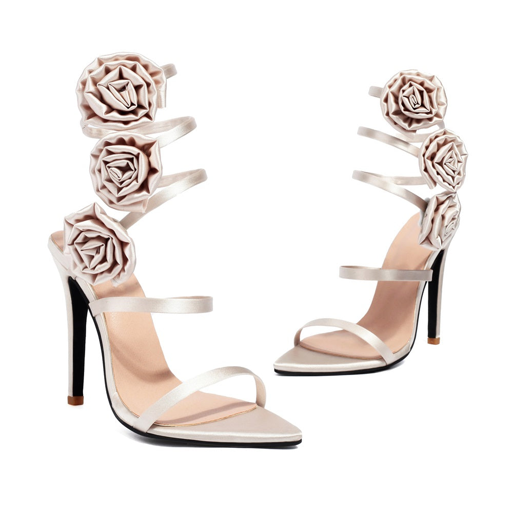 <tc>Champange Satin Flowers Stiletto Heels Strappy Sandals for Party</tc>