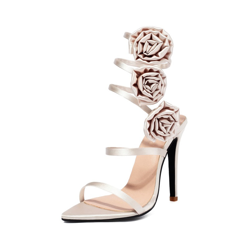 <tc>Champange Satin Flowers Stiletto Heels Strappy Sandals for Party</tc>