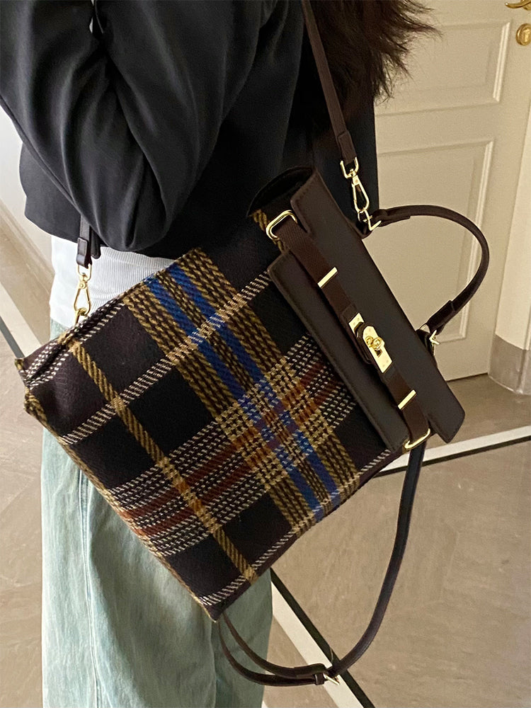 Coffee Color Plaid Tweed Top Handle Retro Backpack