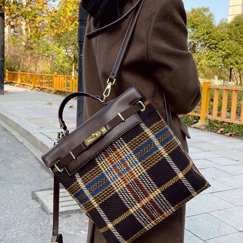 Coffee Color Plaid Tweed Top Handle Retro Backpack