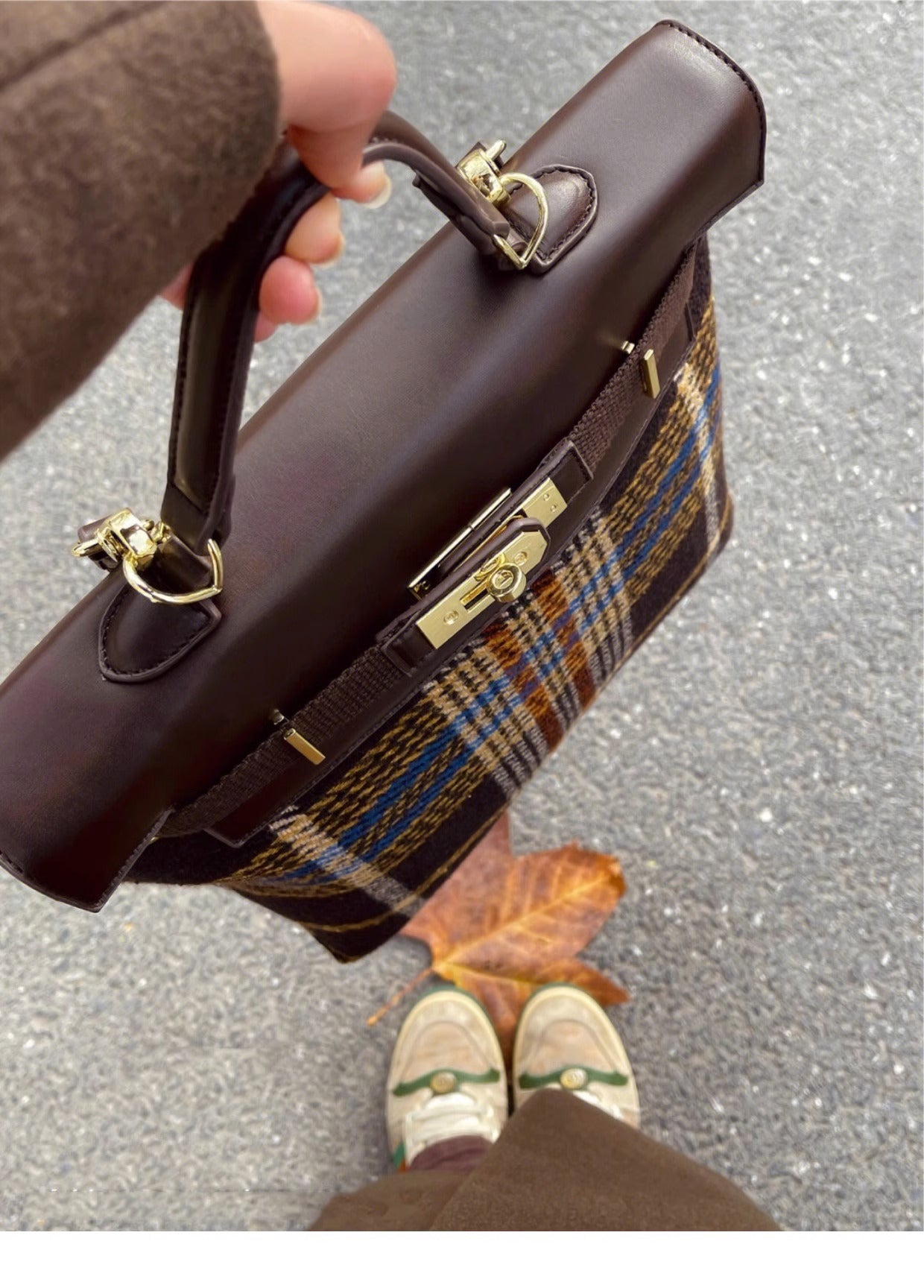 Coffee Color Plaid Tweed Top Handle Retro Backpack