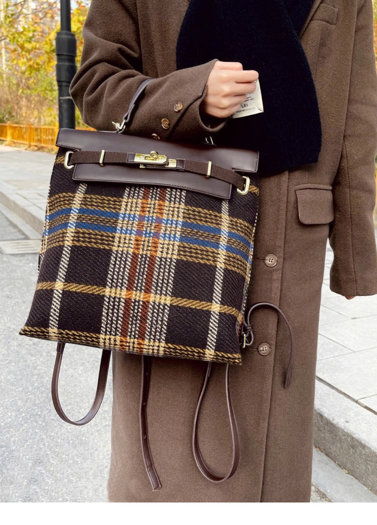 Coffee Color Plaid Tweed Top Handle Retro Backpack