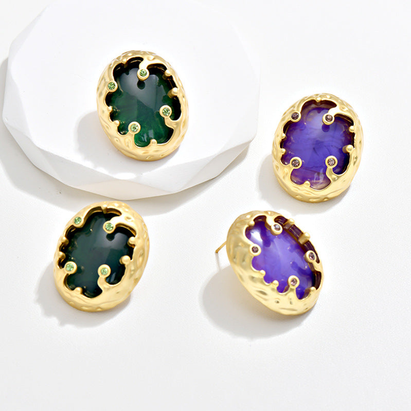 Colorful Glass Stud Earrings Gold Hollow Detail Rhinestone Earrings