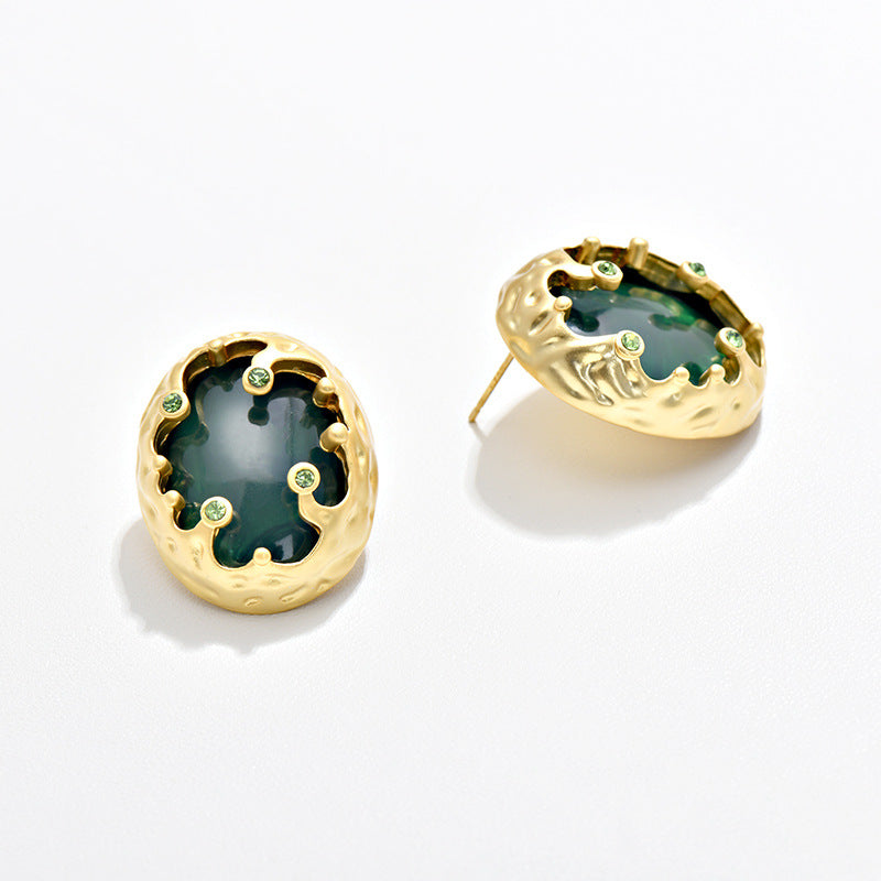 Colorful Glass Stud Earrings Gold Hollow Detail Rhinestone Earrings