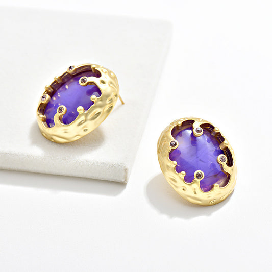 Colorful Glass Stud Earrings Gold Hollow Detail Rhinestone Earrings