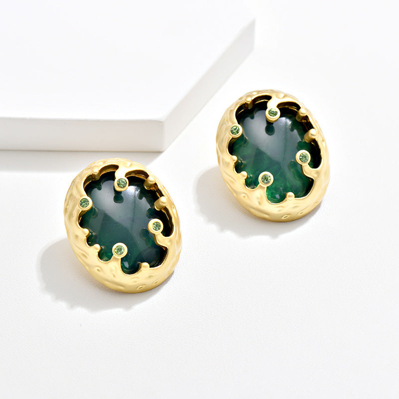 Colorful Glass Stud Earrings Gold Hollow Detail Rhinestone Earrings