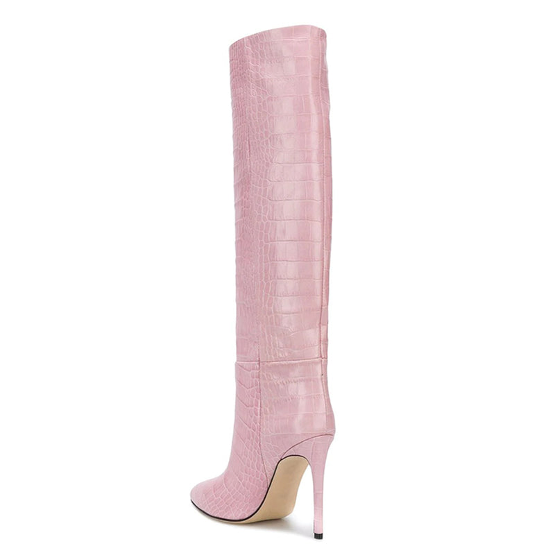 Croc Printed Pointed Toe Stiletto Heel Knee High Boots