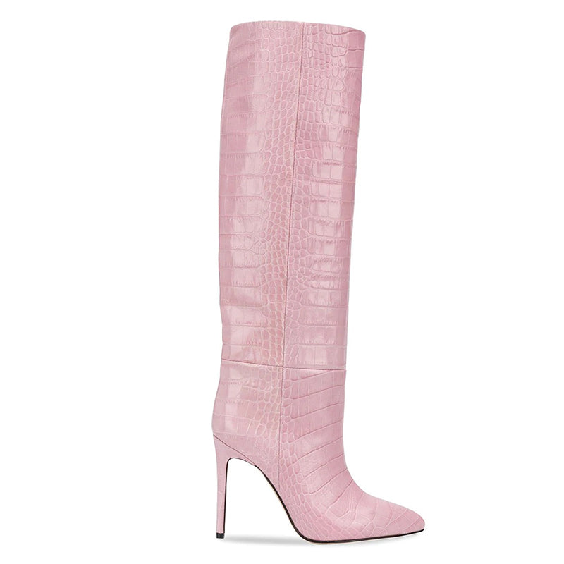 Croc Printed Pointed Toe Stiletto Heel Knee High Boots