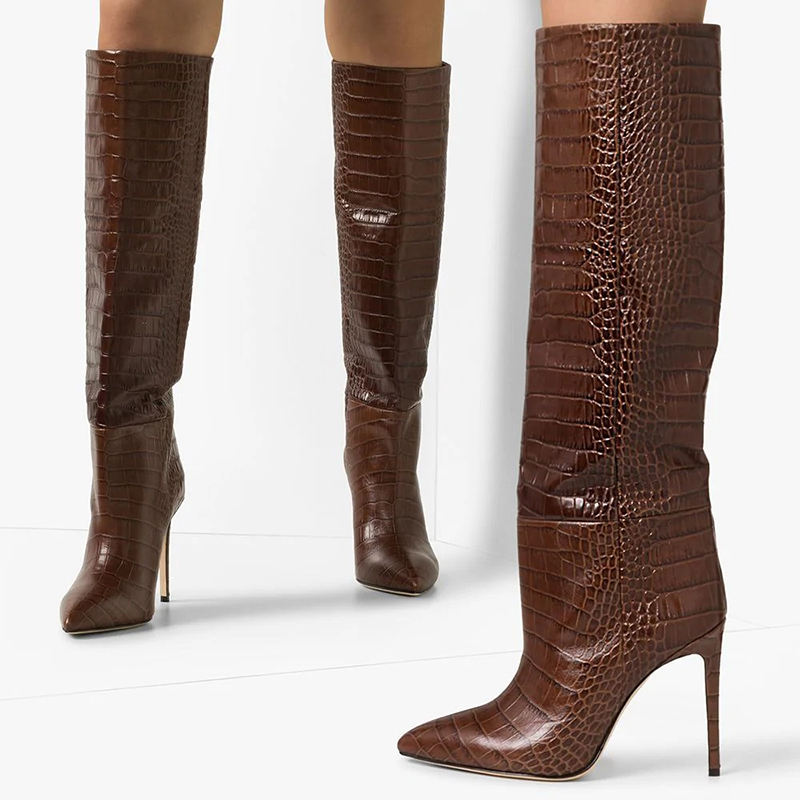 Croc Printed Pointed Toe Stiletto Heel Knee High Boots