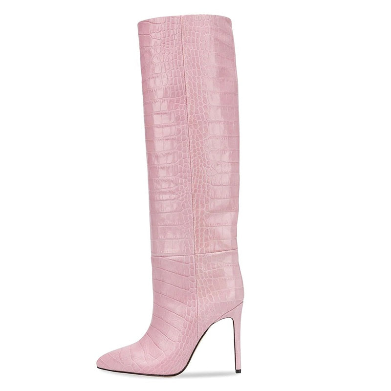 Croc Printed Pointed Toe Stiletto Heel Knee High Boots