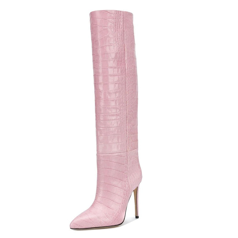 Croc Printed Pointed Toe Stiletto Heel Knee High Boots