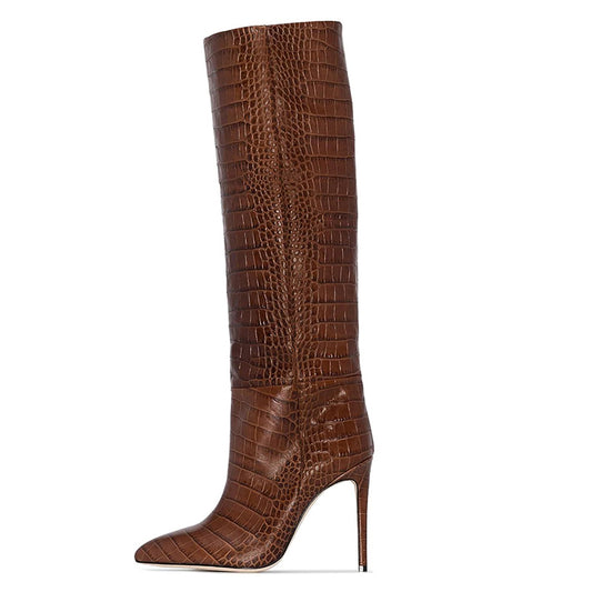 <tc>Croc Printed Pointed Toe Stiletto Heel Knee High Boots</tc>