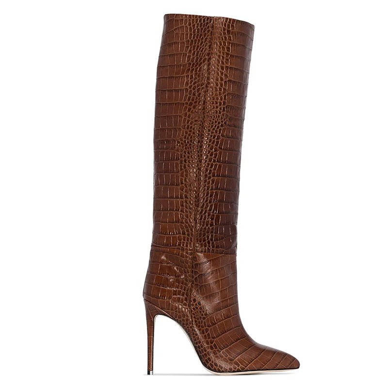 Croc Printed Pointed Toe Stiletto Heel Knee High Boots