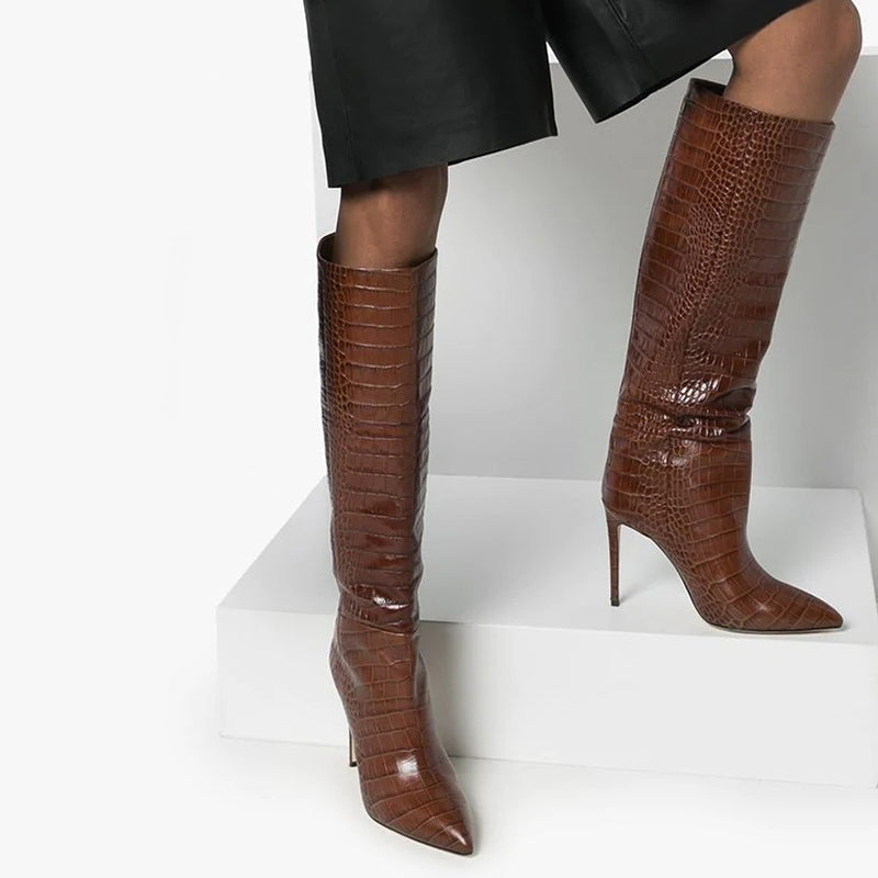 Croc Printed Pointed Toe Stiletto Heel Knee High Boots