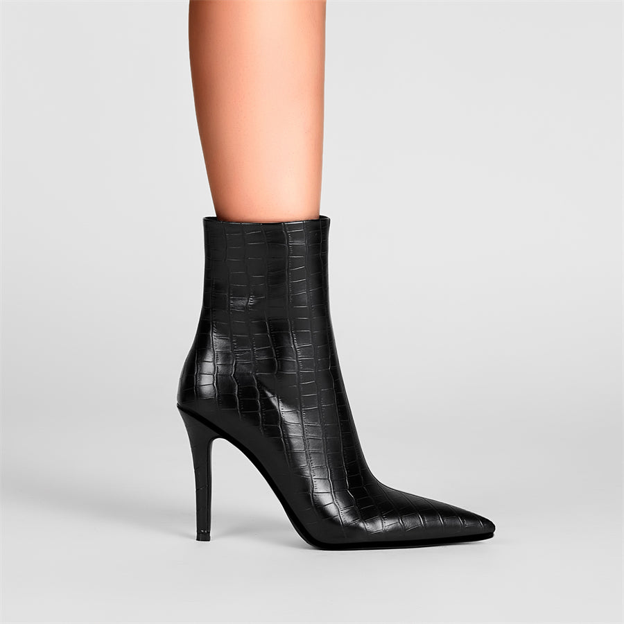 Croco Print Black Phoenix Leather Stiletto Heel Ankle Boots