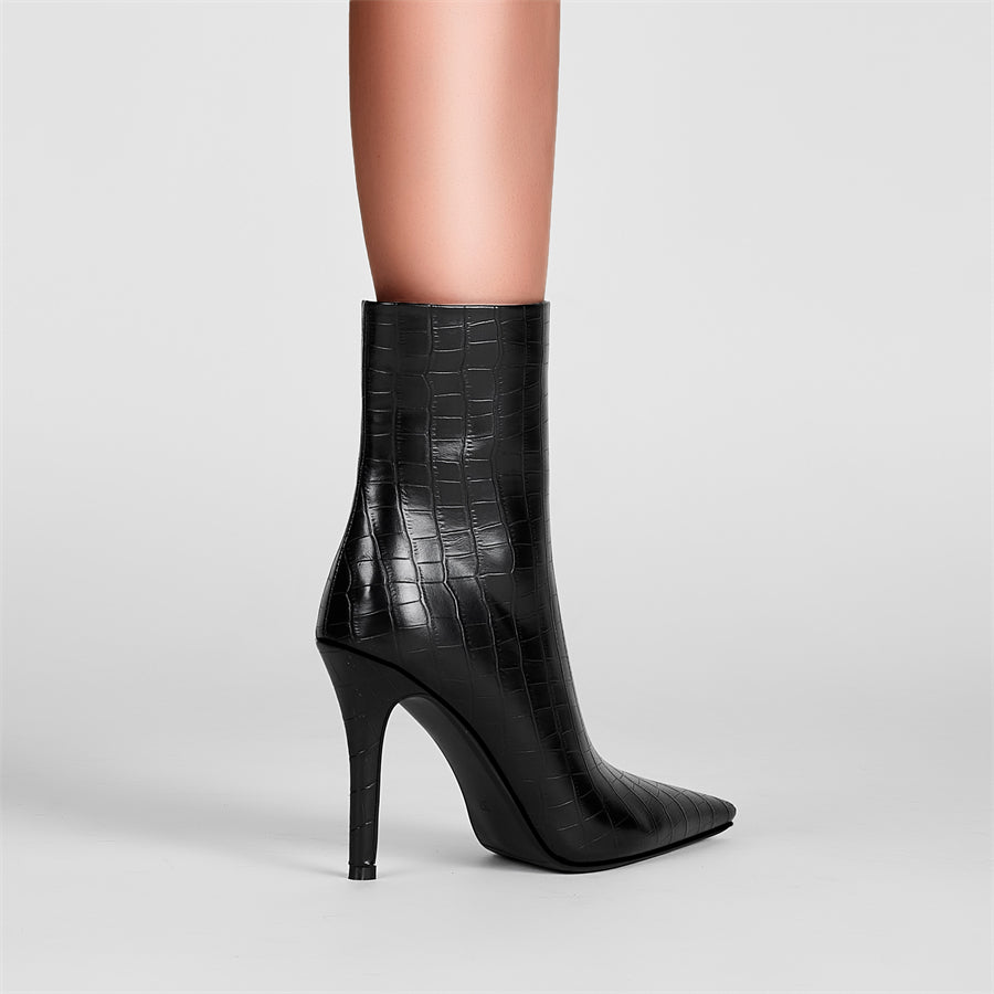 Croco Print Black Phoenix Leather Stiletto Heel Ankle Boots