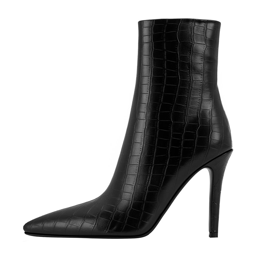 Croco Print Black Phoenix Leather Stiletto Heel Ankle Boots