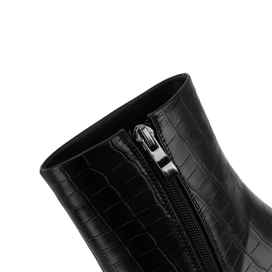 Croco Print Black Phoenix Leather Stiletto Heel Ankle Boots