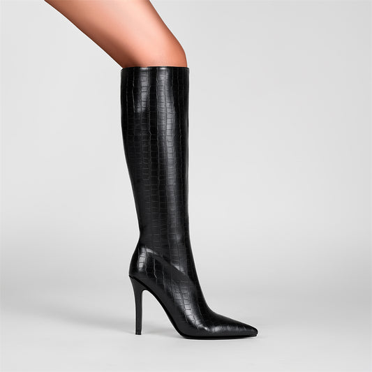 Croc Embossed Black Phoenix Leather Stiletto Heel Knee-High Boots