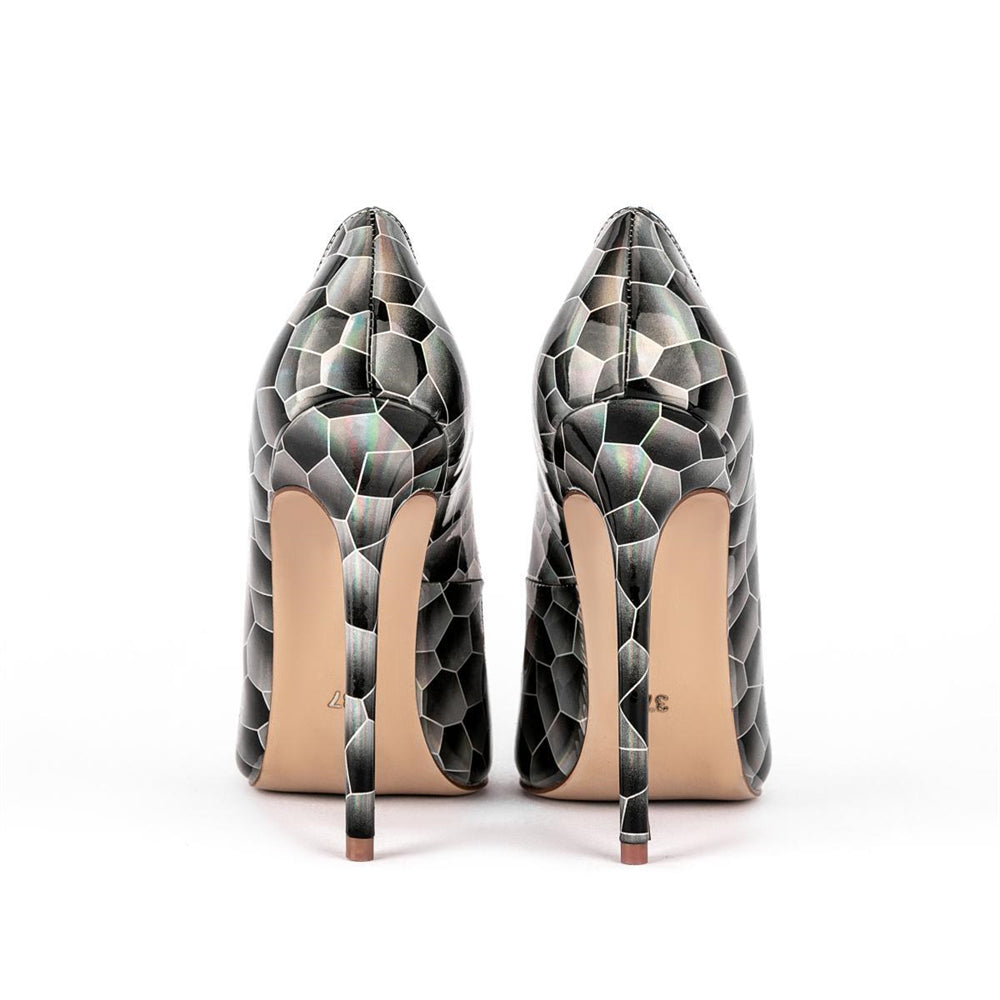 Dark Gray Stone Pattern Patent Leather Pointed Toe Sexy Stiletto Heel Pumps