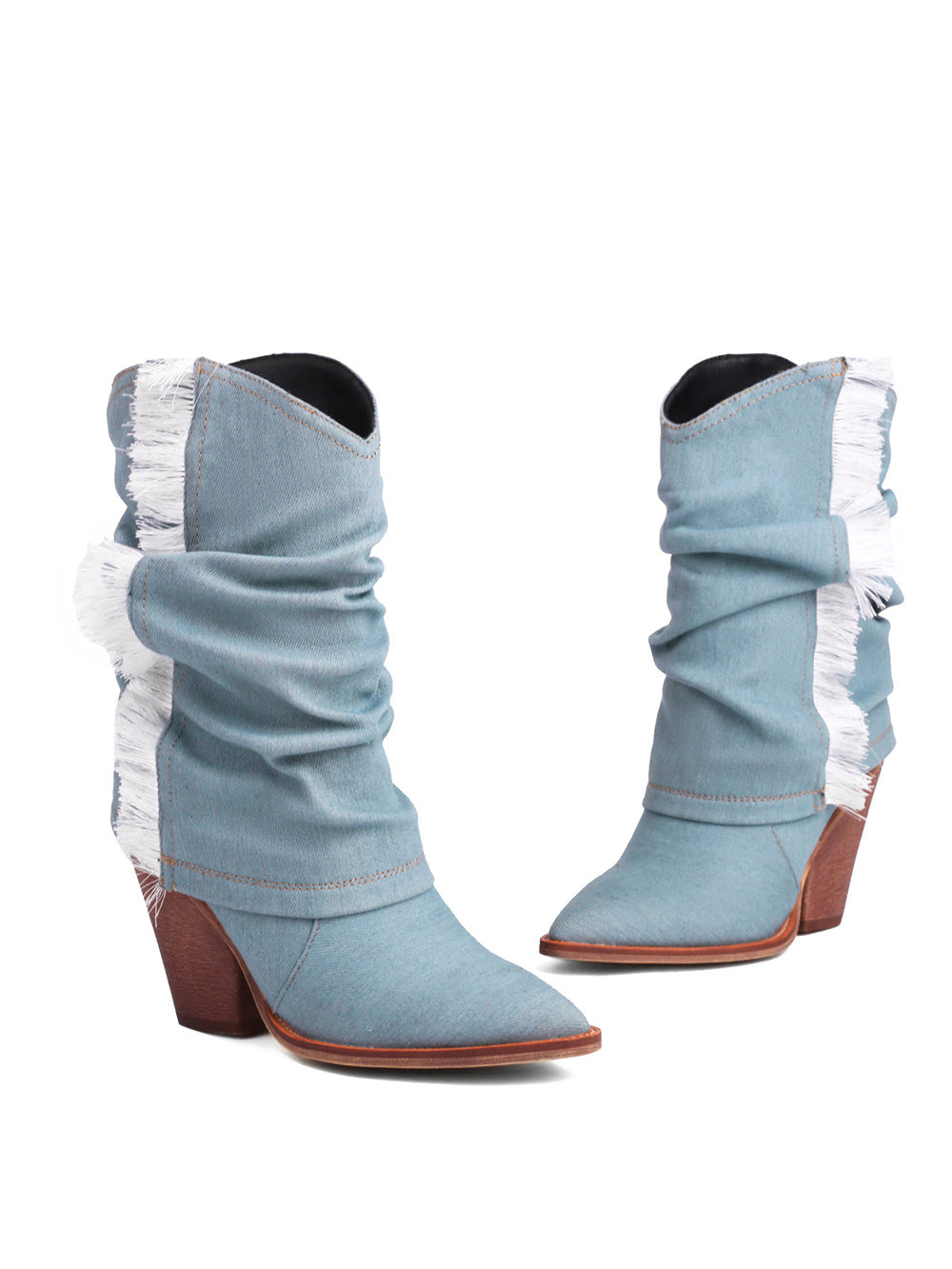 Light Blue Denim Flod-over Ankle Boots Jean Cowboy Booties for Women