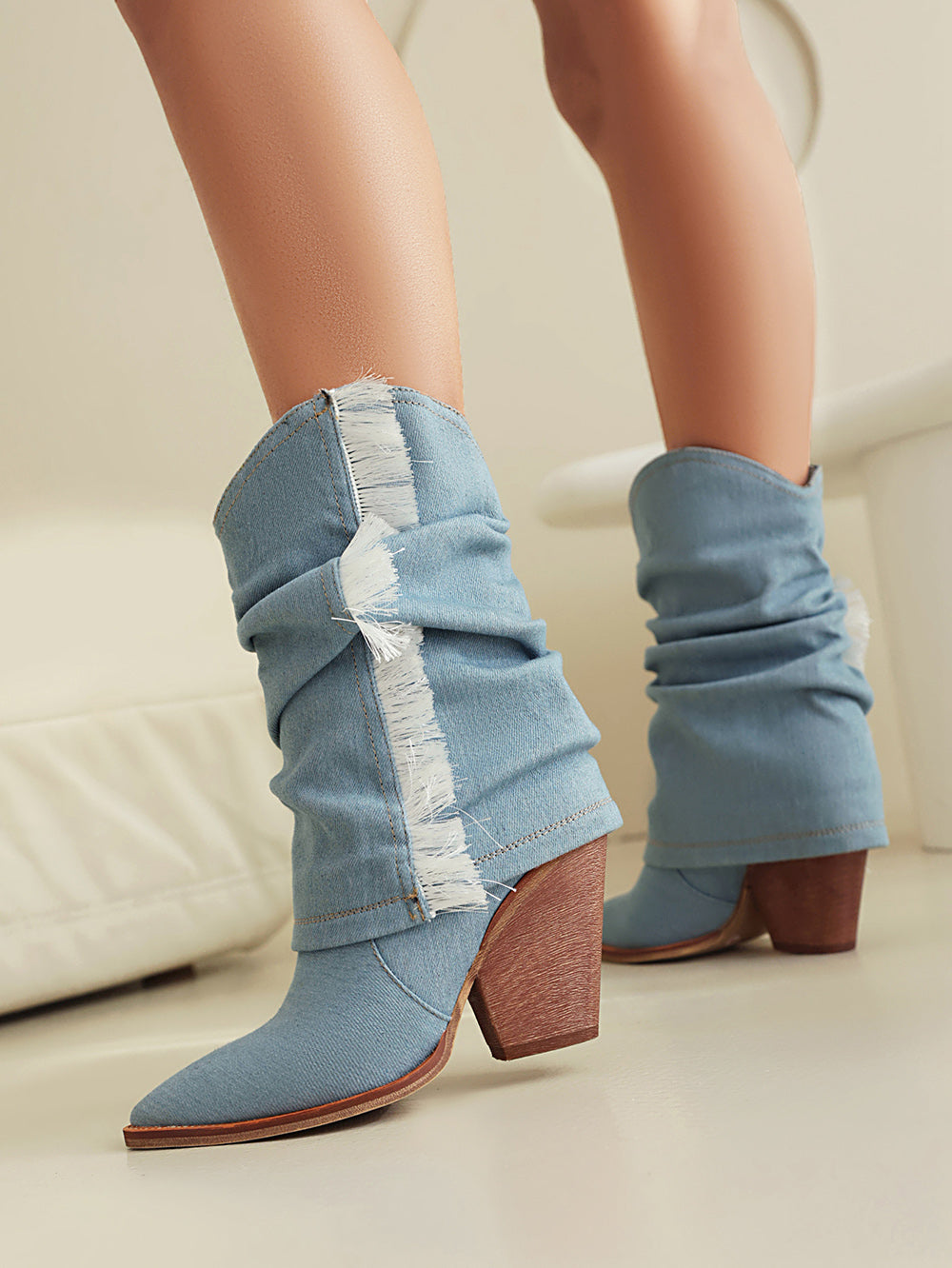 Light Blue Denim Flod-over Ankle Boots Jean Cowboy Booties for Women