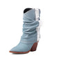 Light Blue Denim Flod-over Ankle Boots Jean Cowboy Booties for Women