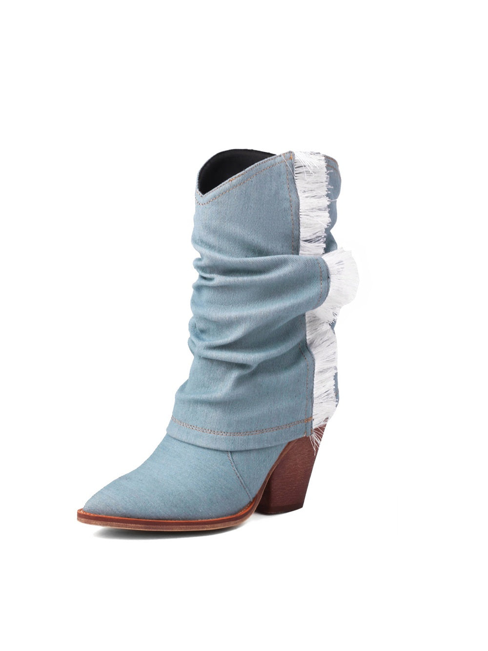 Light Blue Denim Flod-over Ankle Boots Jean Cowboy Booties for Women