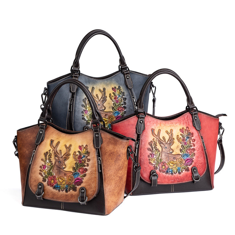 <tc>Red Elk Embossed Leather Retro Tote Bag</tc>