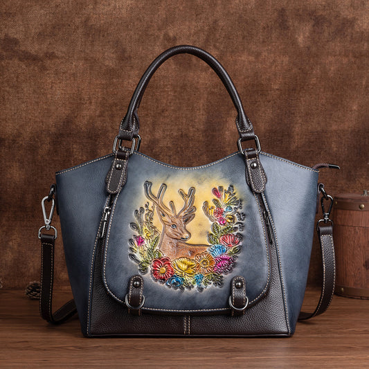 <tc>Black Elk Embossed Leather Retro Tote Bag</tc>