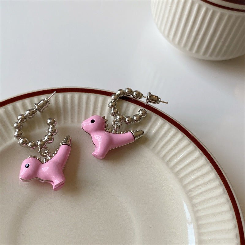 Pink Enamel Color Dinosaur Unique Design Cartoon Animal Pendant Earrings