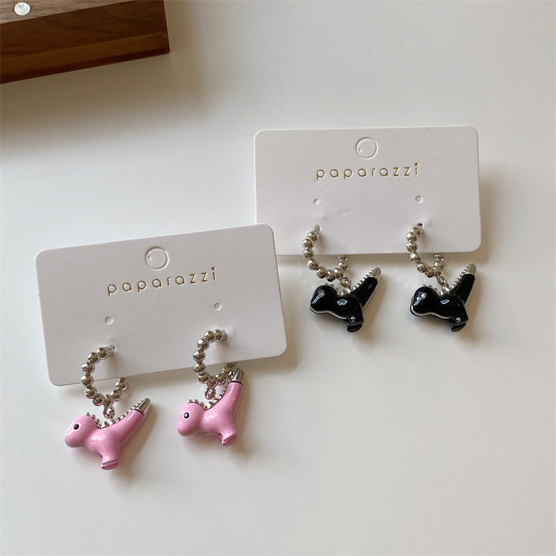 Pink Enamel Color Dinosaur Unique Design Cartoon Animal Pendant Earrings