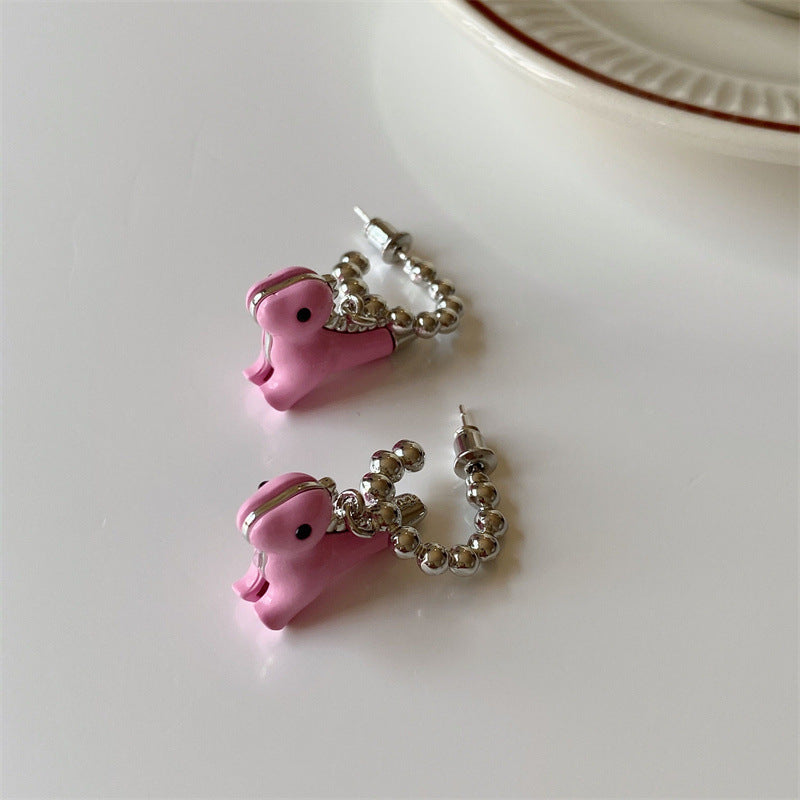 Pink Enamel Color Dinosaur Unique Design Cartoon Animal Pendant Earrings